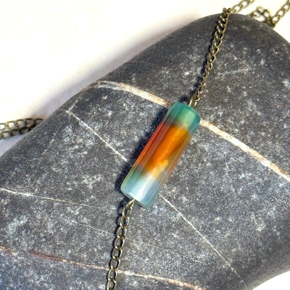 2/$20, Multicolor Dyed Agate Necklace, Gemstone Bar Pendant & Bronze Chain - Picture 4 of 11